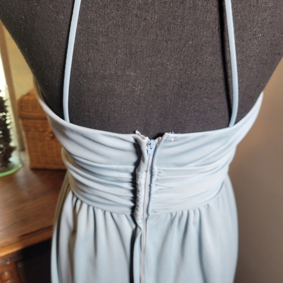 VINTAGE 70'S PALE BLUE RUFFLE HALTER CORSET WAIST MAXI DRESS - Picture 8 of 10